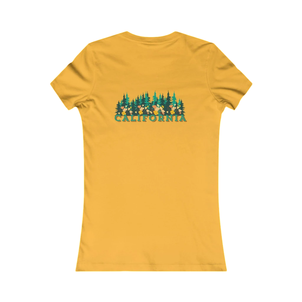 Sonoma Rebel yellow cotton t-shirt with a graphic of green pine trees and colorful flowers, and the word CALIFORNIA in teal.