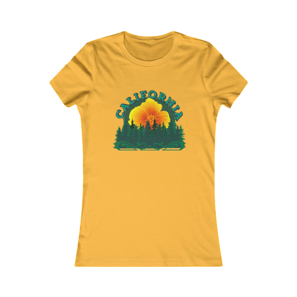 Sonoma Rebel California Redwoods graphic t-shirt for women in yellow, featuring a sunset behind pine trees and the word California.
