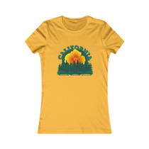Sonoma Rebel California Redwoods graphic t-shirt for women in yellow, featuring a sunset behind pine trees and the word California.