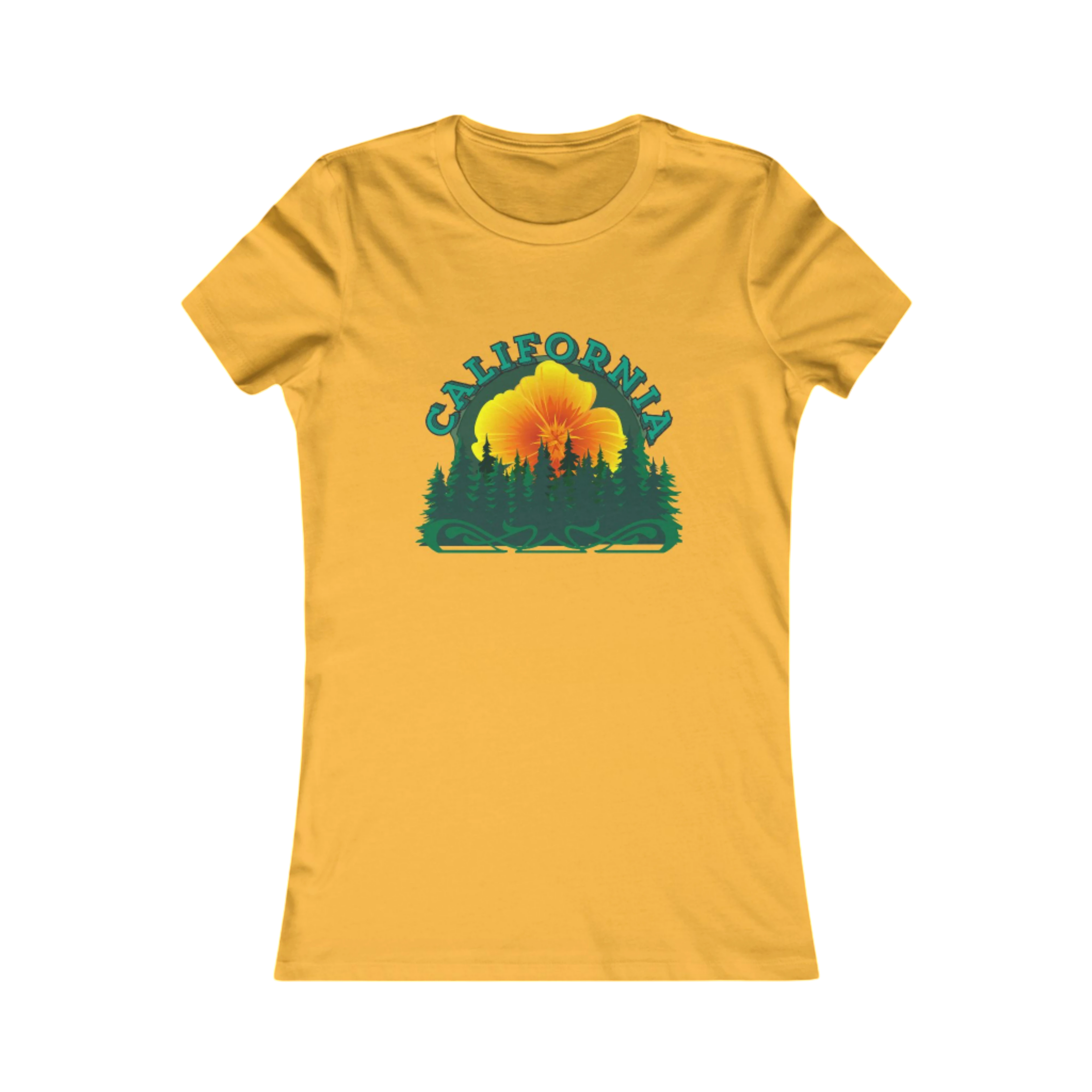 Sonoma Rebel California Redwoods graphic t-shirt for women in yellow, featuring a sunset behind pine trees and the word California.