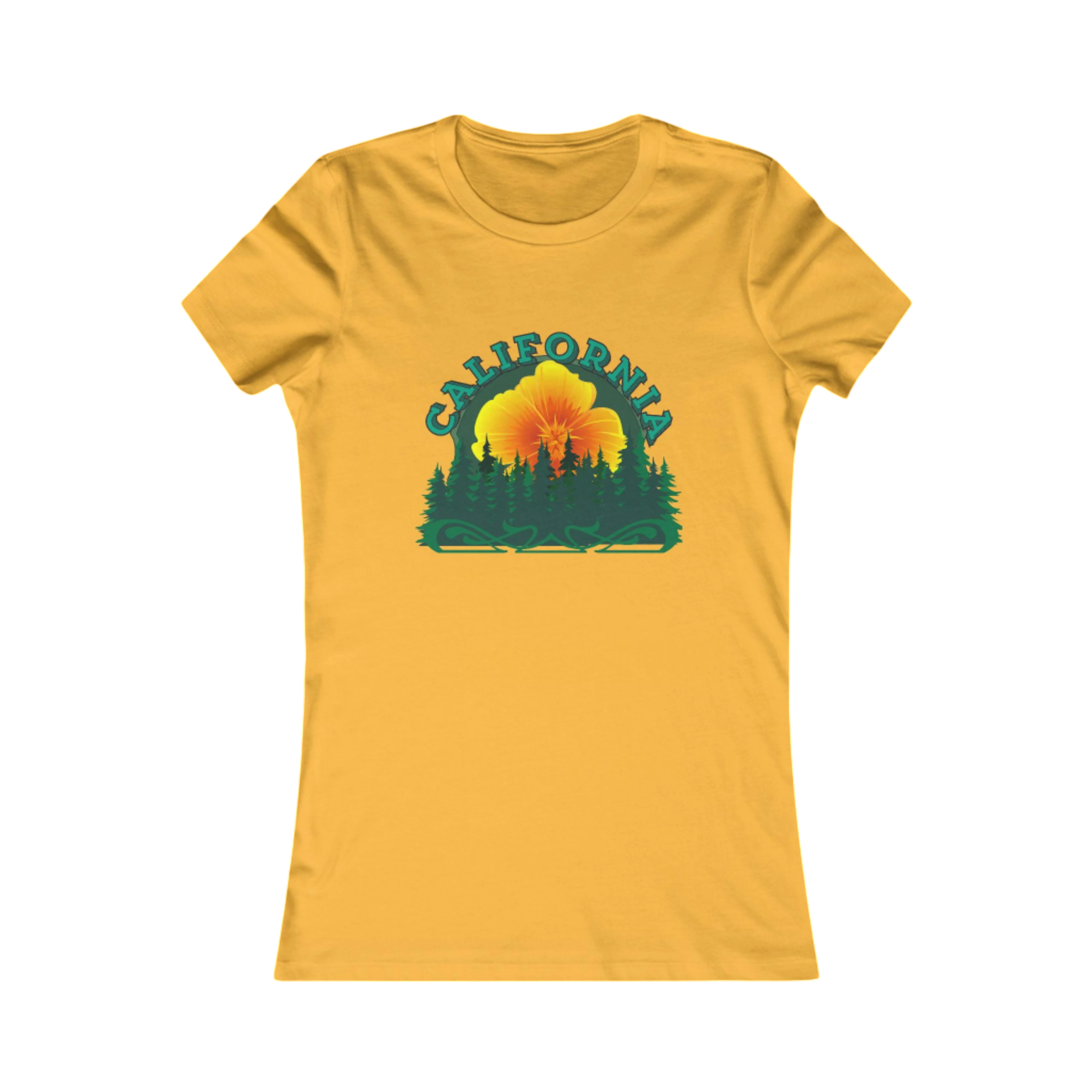 Sonoma Rebel California Redwoods graphic t-shirt for women in yellow, featuring a sunset behind pine trees and the word California. Main image