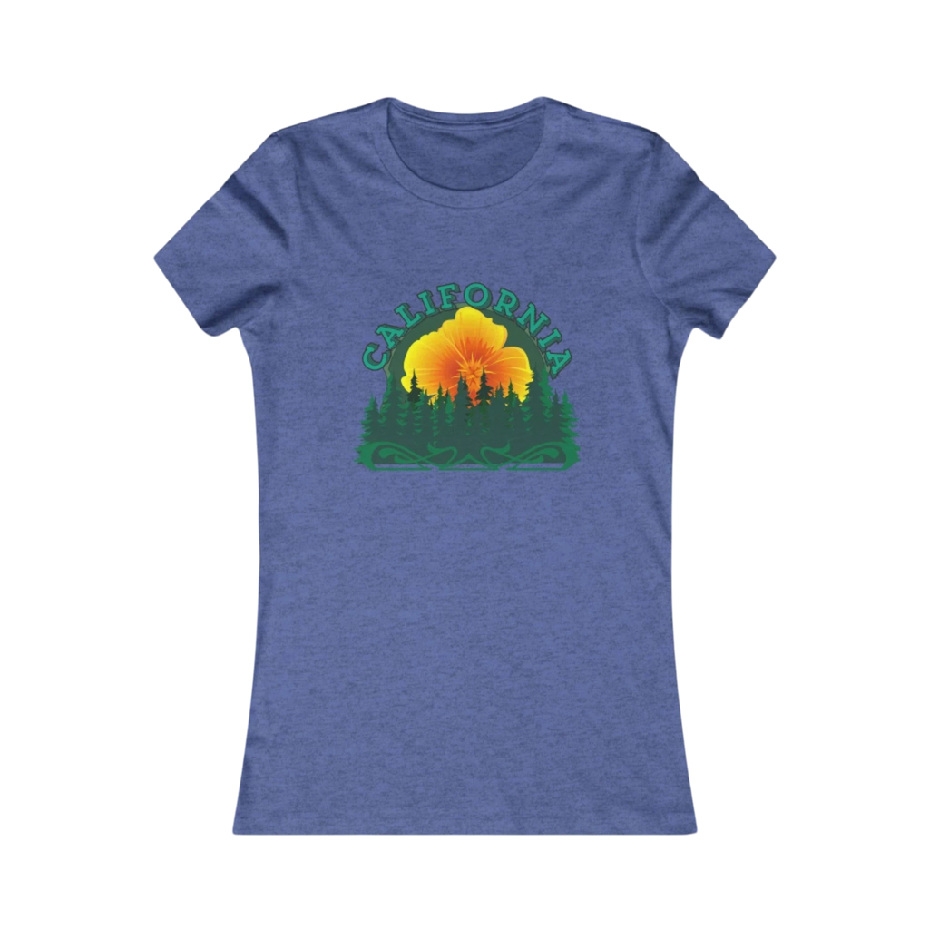 Sonoma Rebel California Redwoods women's heathered blue cotton t-shirt with a graphic of a large orange and yellow flower behind a silhouette of pine trees and the word "CALIFORNIA" in green.
