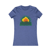 Sonoma Rebel California Redwoods women's heathered blue cotton t-shirt with a graphic of a large orange and yellow flower behind a silhouette of pine trees and the word "CALIFORNIA" in green.