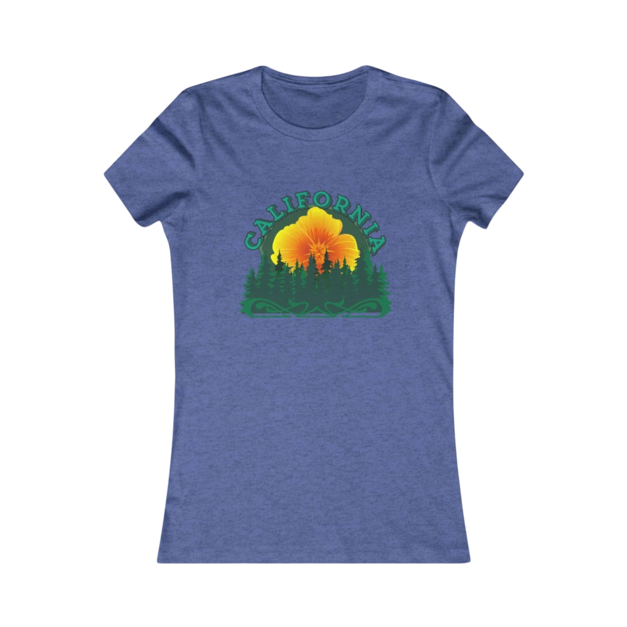 Sonoma Rebel California Redwoods women's heathered blue cotton t-shirt with a graphic of a large orange and yellow flower behind a silhouette of pine trees and the word "CALIFORNIA" in green.