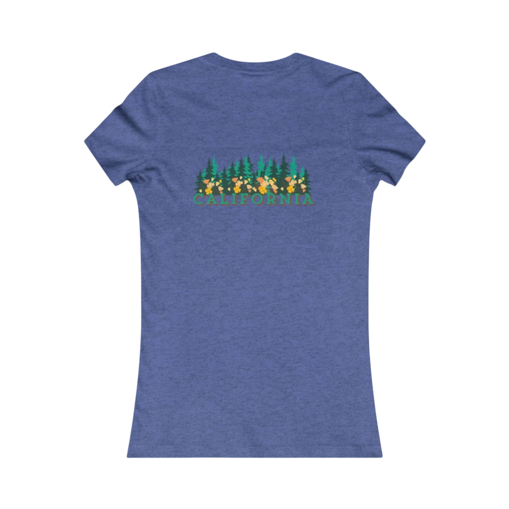 Sonoma Rebel California Redwoods women's heathered blue cotton t-shirt with a graphic of pine trees and yellow flowers, and the word CALIFORNIA in green.