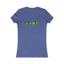 Sonoma Rebel California Redwoods women's heathered blue cotton t-shirt with a graphic of pine trees and yellow flowers, and the word CALIFORNIA in green.