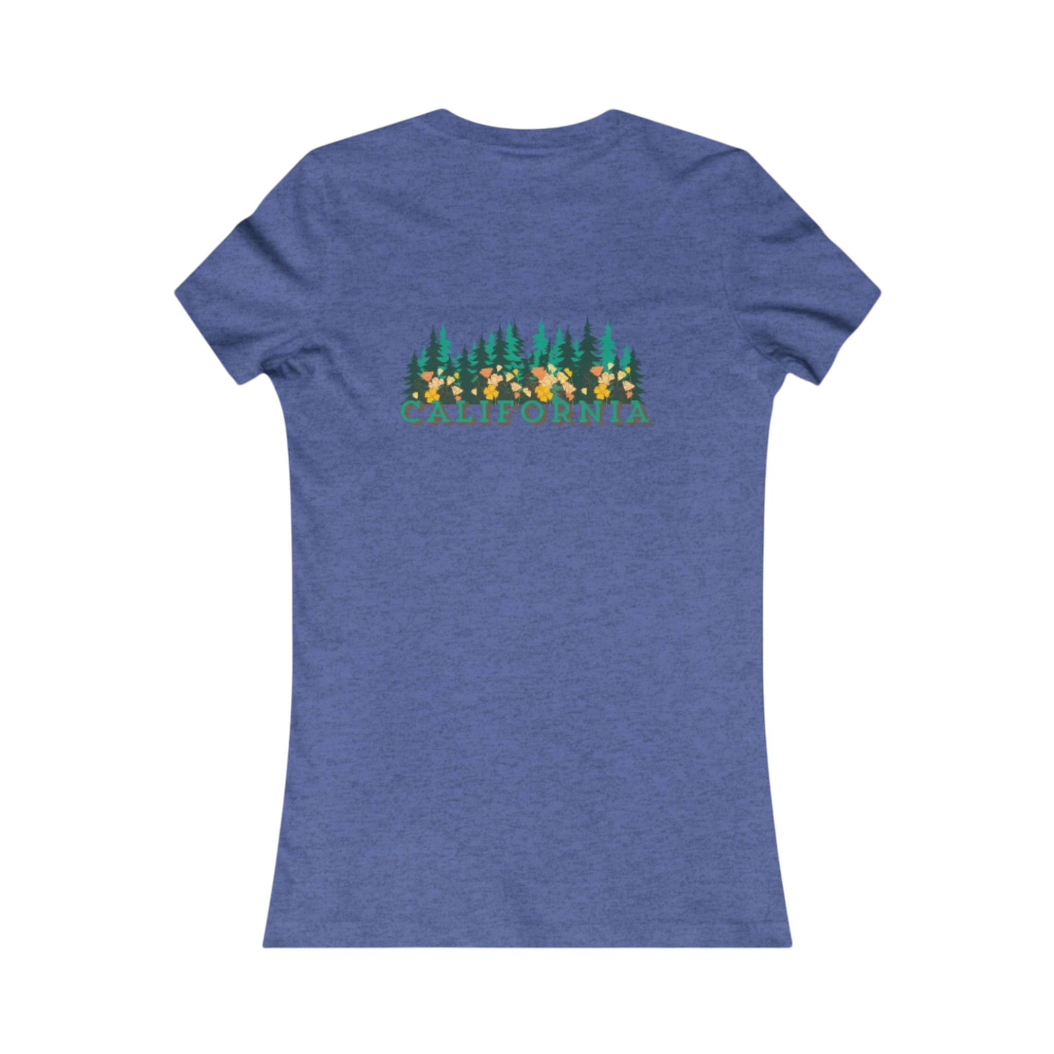 Sonoma Rebel California Redwoods women's heathered blue cotton t-shirt with a graphic of pine trees and yellow flowers, and the word CALIFORNIA in green.