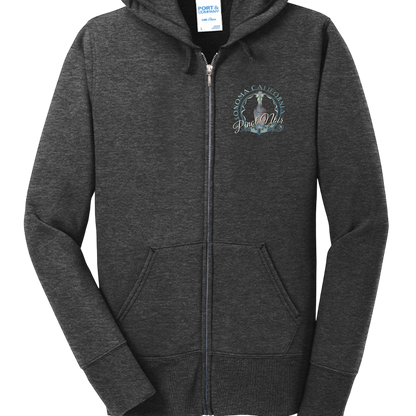 Sonoma Rebel dark charcoal heather fleece zip-up hoodie with a "Pinot Noir" graphic on the left chest.