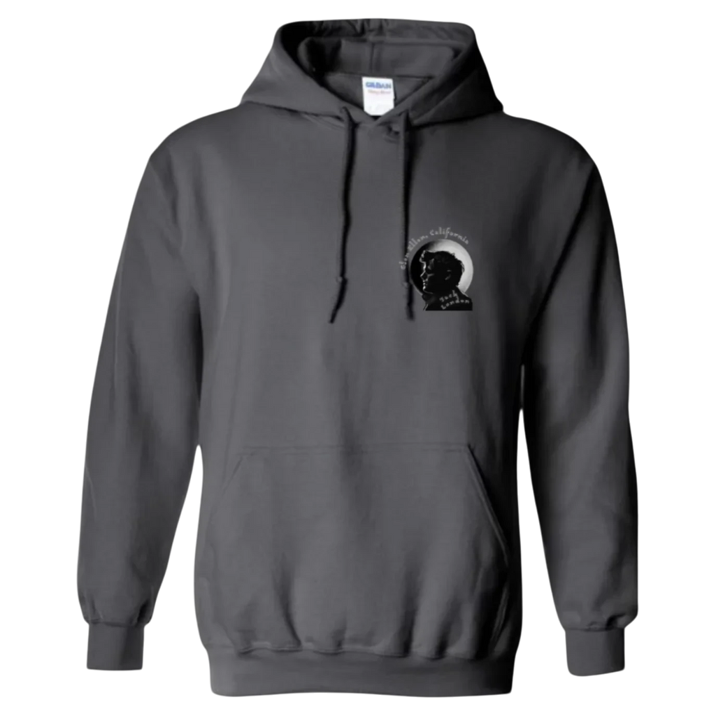 Sonoma Rebel charcoal grey midweight fleece hoodie with a small graphic print of Jack London's profile and text "Sonoma, California" on the left chest.