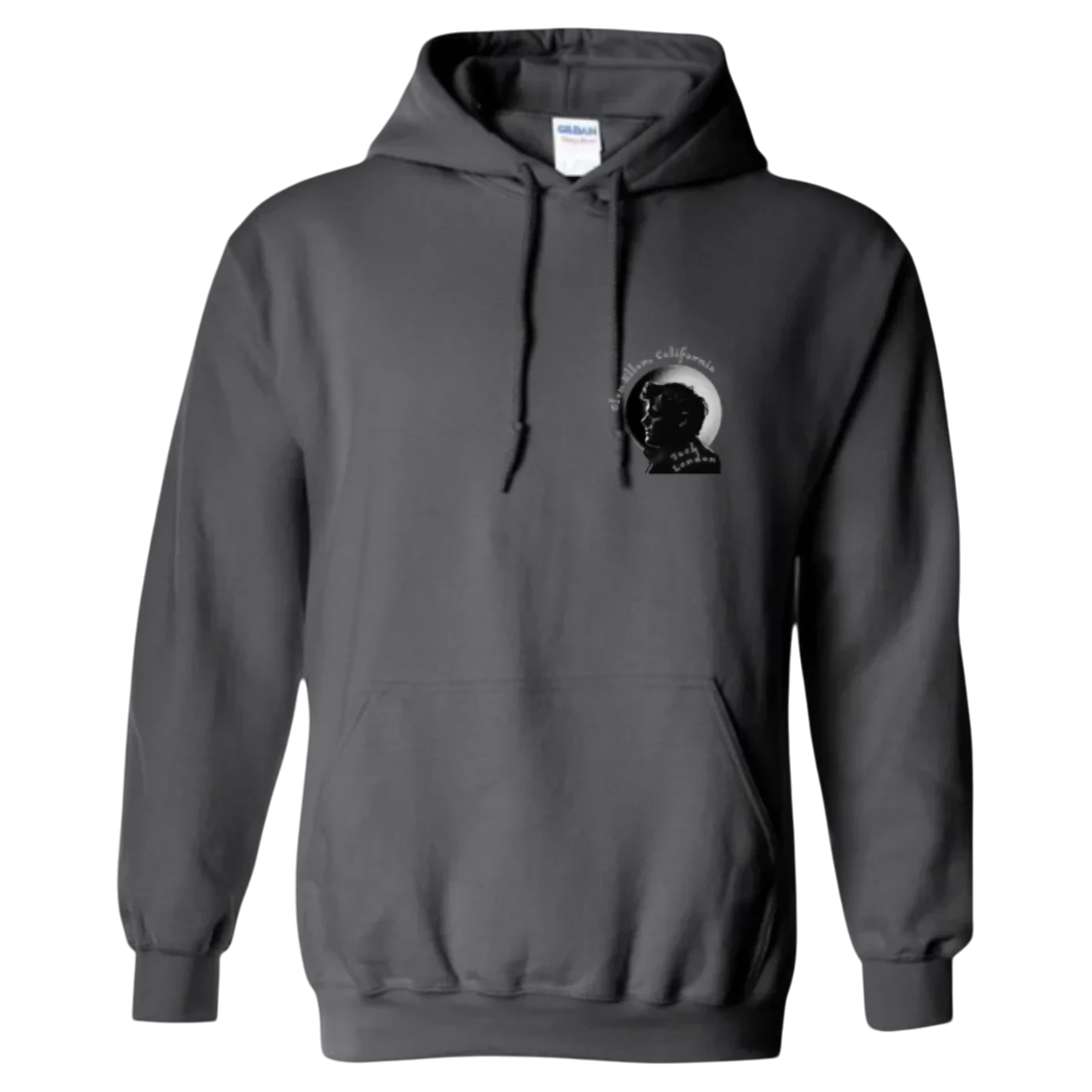 Sonoma Rebel charcoal grey midweight fleece hoodie with a small graphic print of Jack London's profile and text "Sonoma, California" on the left chest.