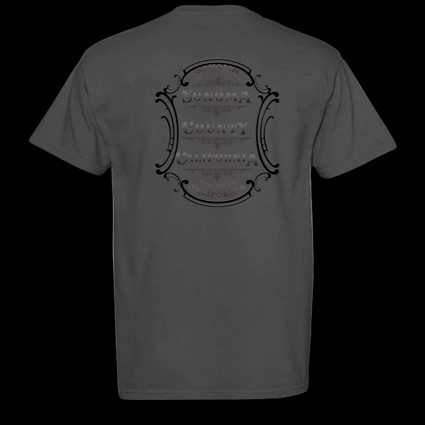 Sonoma Rebel charcoal grey t-shirt with vintage Sonoma County California emblem graphic. Short sleeve, crew neck.