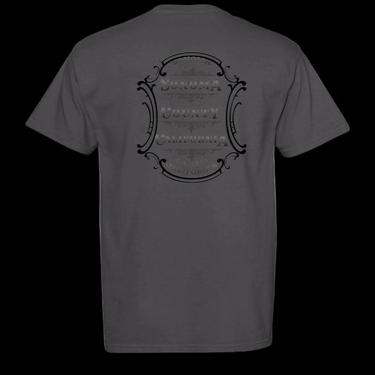 Sonoma Rebel charcoal grey t-shirt with vintage Sonoma County California emblem graphic. Short sleeve, crew neck.