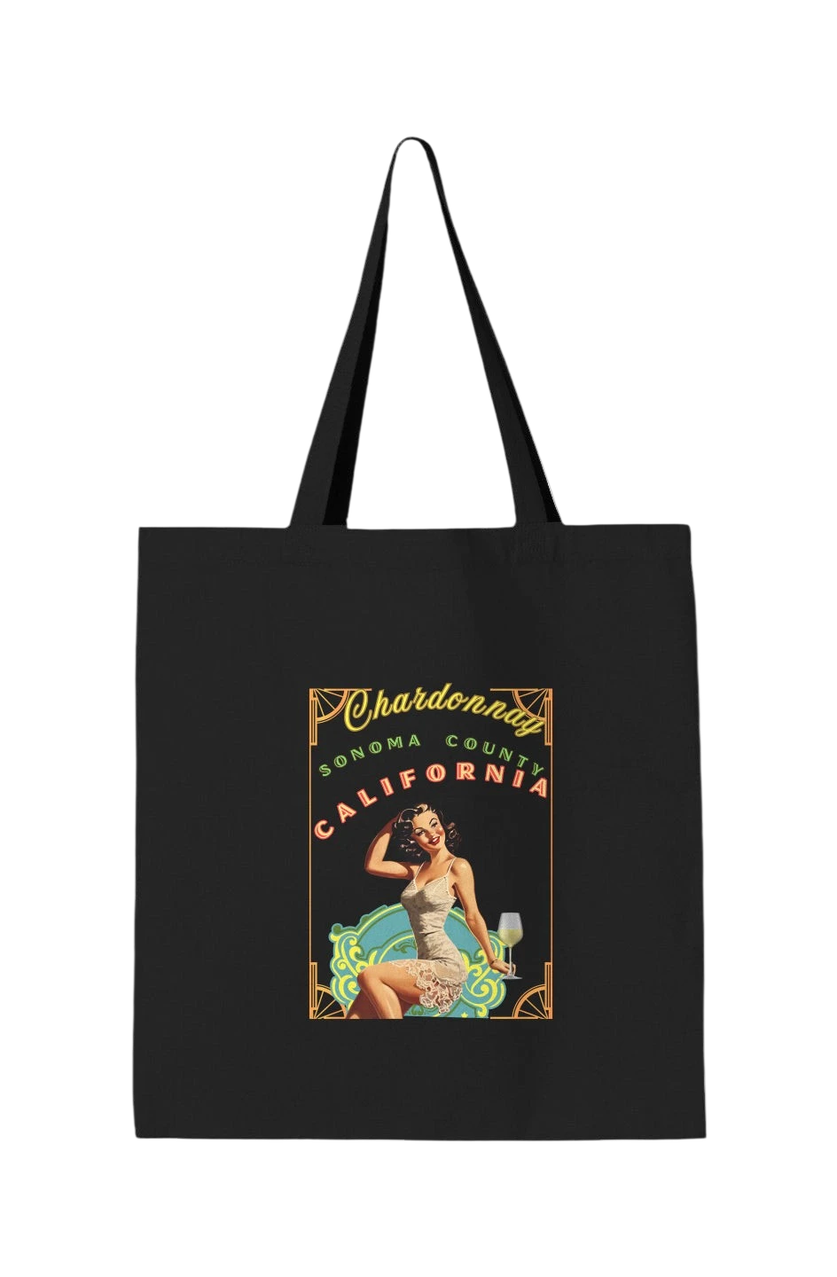 Sonoma Rebel black heavy cotton canvas tote bag featuring a vintage pinup girl illustration with "Chardonnay Sonoma County California" text.