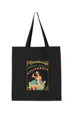 Sonoma Rebel black heavy cotton canvas tote bag featuring a vintage pinup girl illustration with "Chardonnay Sonoma County California" text.