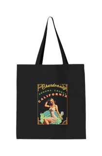 Sonoma Rebel black heavy cotton canvas tote bag featuring a vintage pinup girl illustration with "Chardonnay Sonoma County California" text.