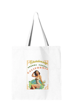 Sonoma Rebel Chardonnay Pinup Tote, white canvas tote with vintage pinup girl graphic and wine country text.