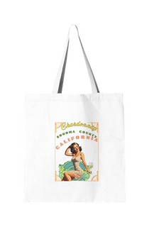 Sonoma Rebel Chardonnay Pinup Tote, white canvas tote with vintage pinup girl graphic and wine country text.