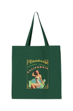Sonoma Rebel dark green canvas tote bag with vintage Chardonnay pinup graphic, featuring a woman with a glass of wine.