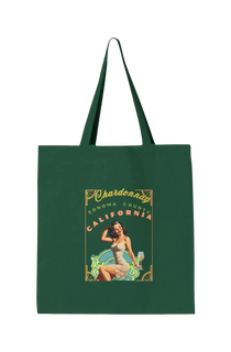 Sonoma Rebel dark green canvas tote bag with vintage Chardonnay pinup graphic, featuring a woman with a glass of wine.