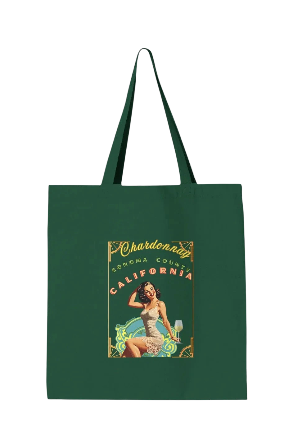 Sonoma Rebel dark green canvas tote bag with vintage Chardonnay pinup graphic, featuring a woman with a glass of wine. Main image