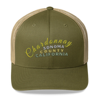 Sonoma Rebel olive green trucker cap with embroidered "Chardonnay Sonoma County California" text. Features a breathable mesh back and a structured front.