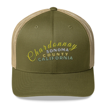 Sonoma Rebel olive green trucker cap with embroidered "Chardonnay Sonoma County California" text. Features a breathable mesh back and a structured front.