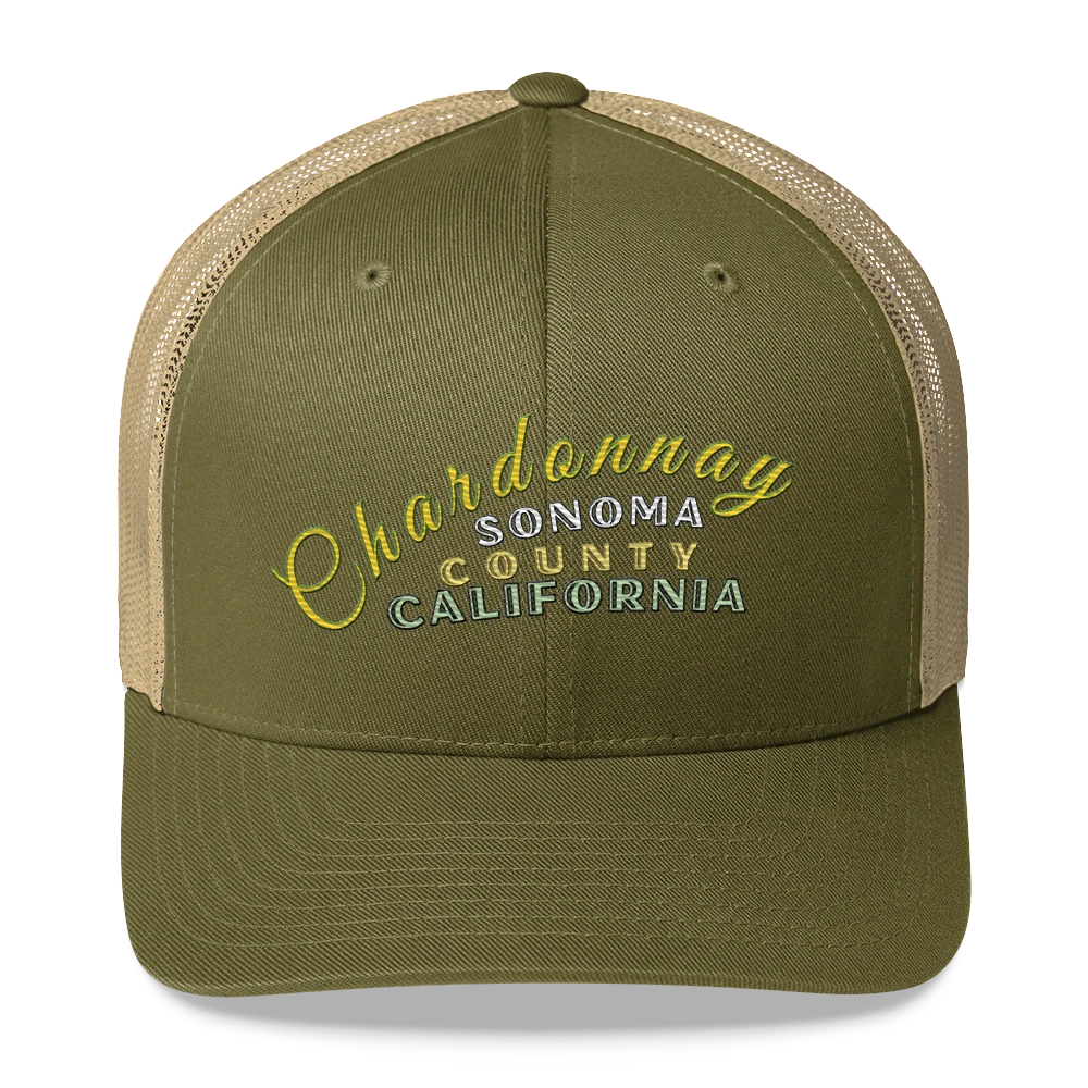 Sonoma Rebel olive green trucker cap with embroidered "Chardonnay Sonoma County California" text. Features a breathable mesh back and a structured front.
