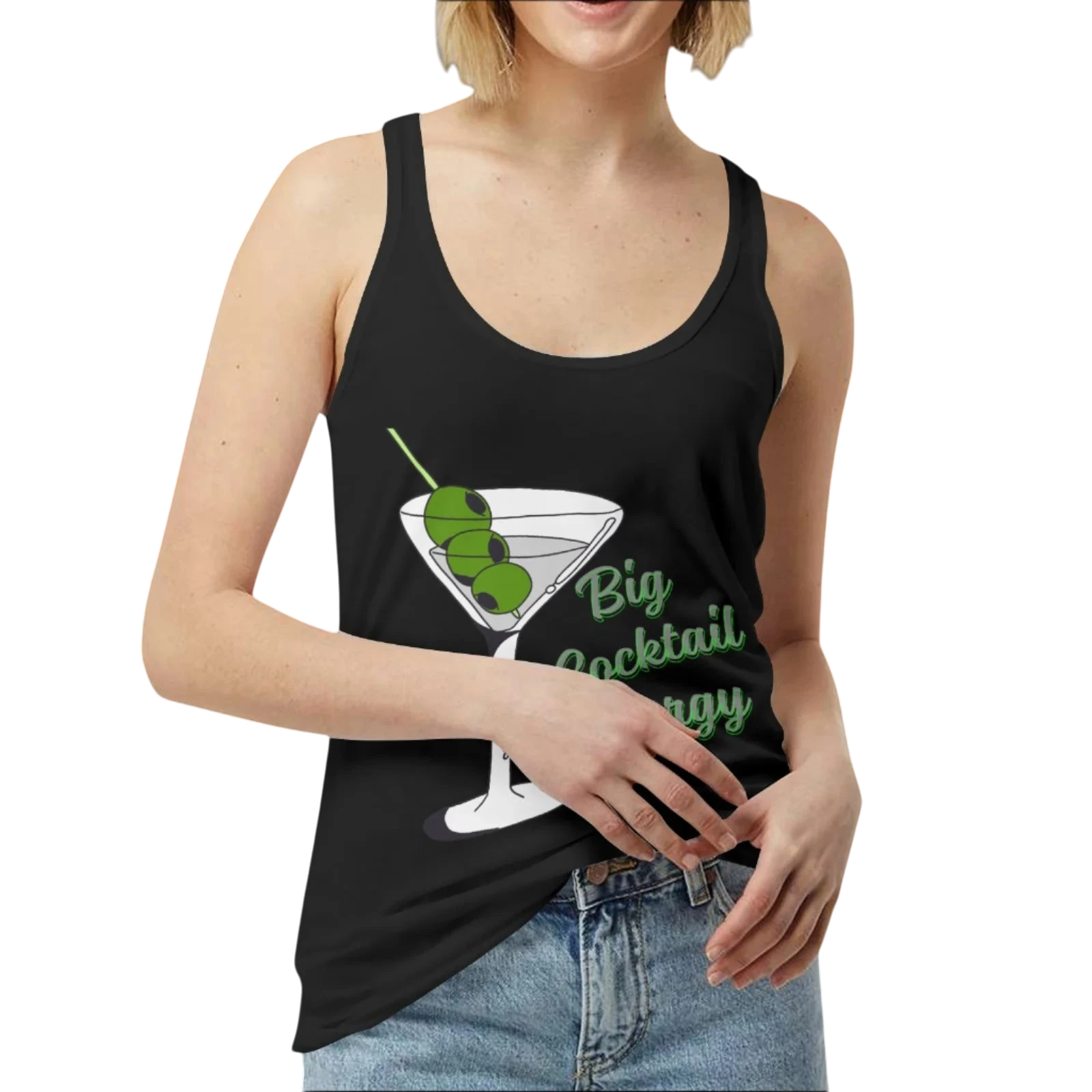Sonoma Rebel black cotton blend women's tank top with "Big Cocktail Energy" graphic and martini glass with olives.