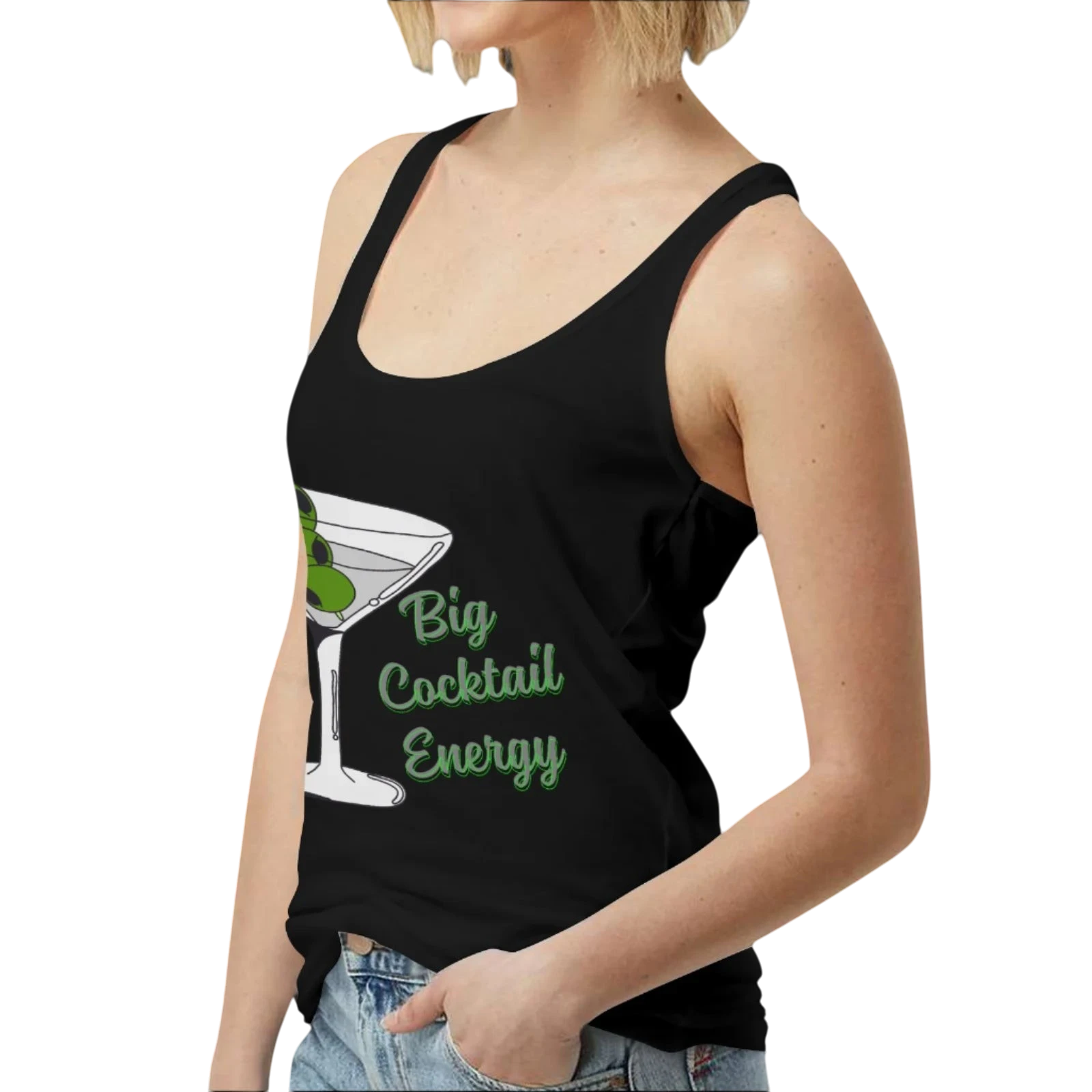 Sonoma Rebel black cotton blend women's tank top with "Big Cocktail Energy" graphic and martini glass illustration.