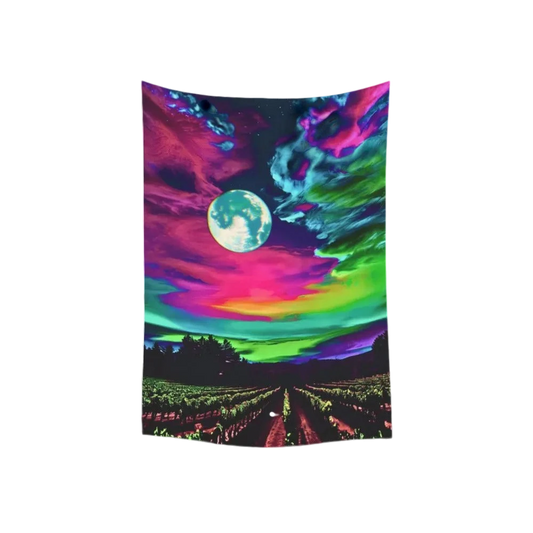 Sonoma Rebel Cotton Candy Sky tapestry featuring a vibrant, psychedelic sky with a large moon over a vineyard at dusk. Polyester peach skin fabric.