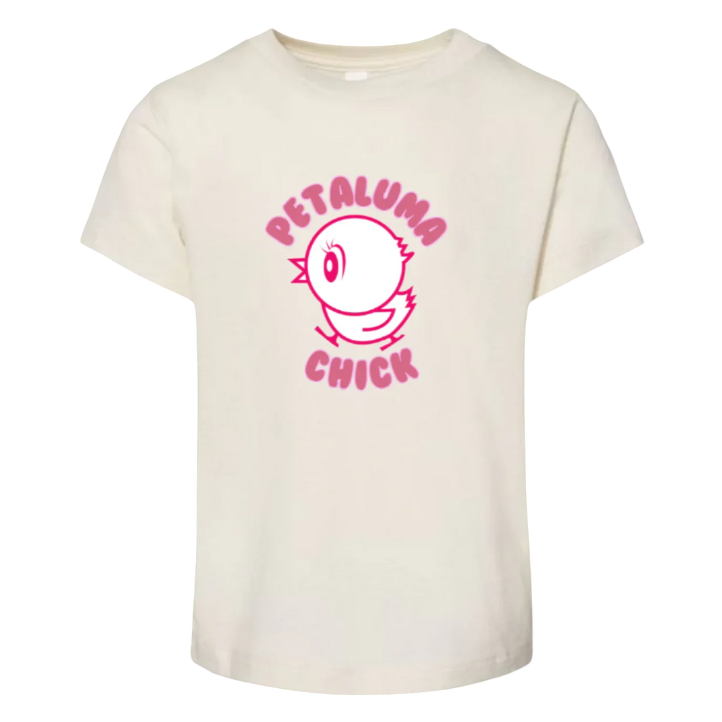 Sonoma Rebel cream cotton t-shirt for toddler girls with a pink "Petaluma Chick" graphic. Short sleeves, crew neck, and a comfortable fit.