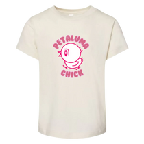 Sonoma Rebel cream cotton t-shirt for toddler girls with a pink "Petaluma Chick" graphic. Short sleeves, crew neck, and a comfortable fit.