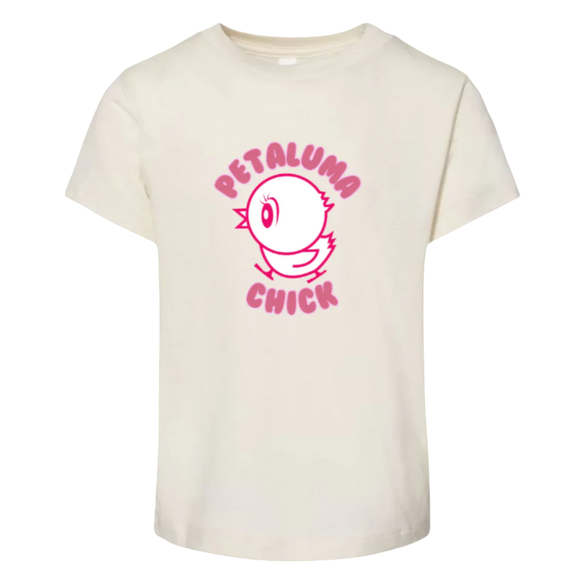 Sonoma Rebel cream cotton t-shirt for toddler girls with a pink "Petaluma Chick" graphic. Short sleeves, crew neck, and a comfortable fit.