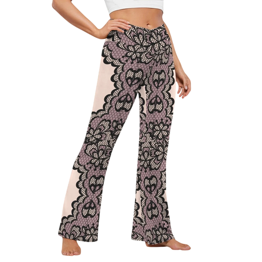 Sonoma Rebel women's flare leggings in a light pink with black and grey crochet lace print. High-waisted crossover design.