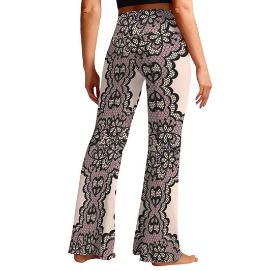Sonoma Rebel women's flare leggings in light pink with a black and white crochet lace print down the sides. High-waisted, stretchy fabric.