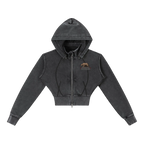 Sonoma Rebel charcoal grey vintage washed cropped fleece hoodie with zipper, hood, and bear graphic. Cotton-blend.