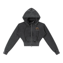 Sonoma Rebel charcoal grey vintage washed cropped fleece hoodie with zipper, hood, and bear graphic. Cotton-blend.
