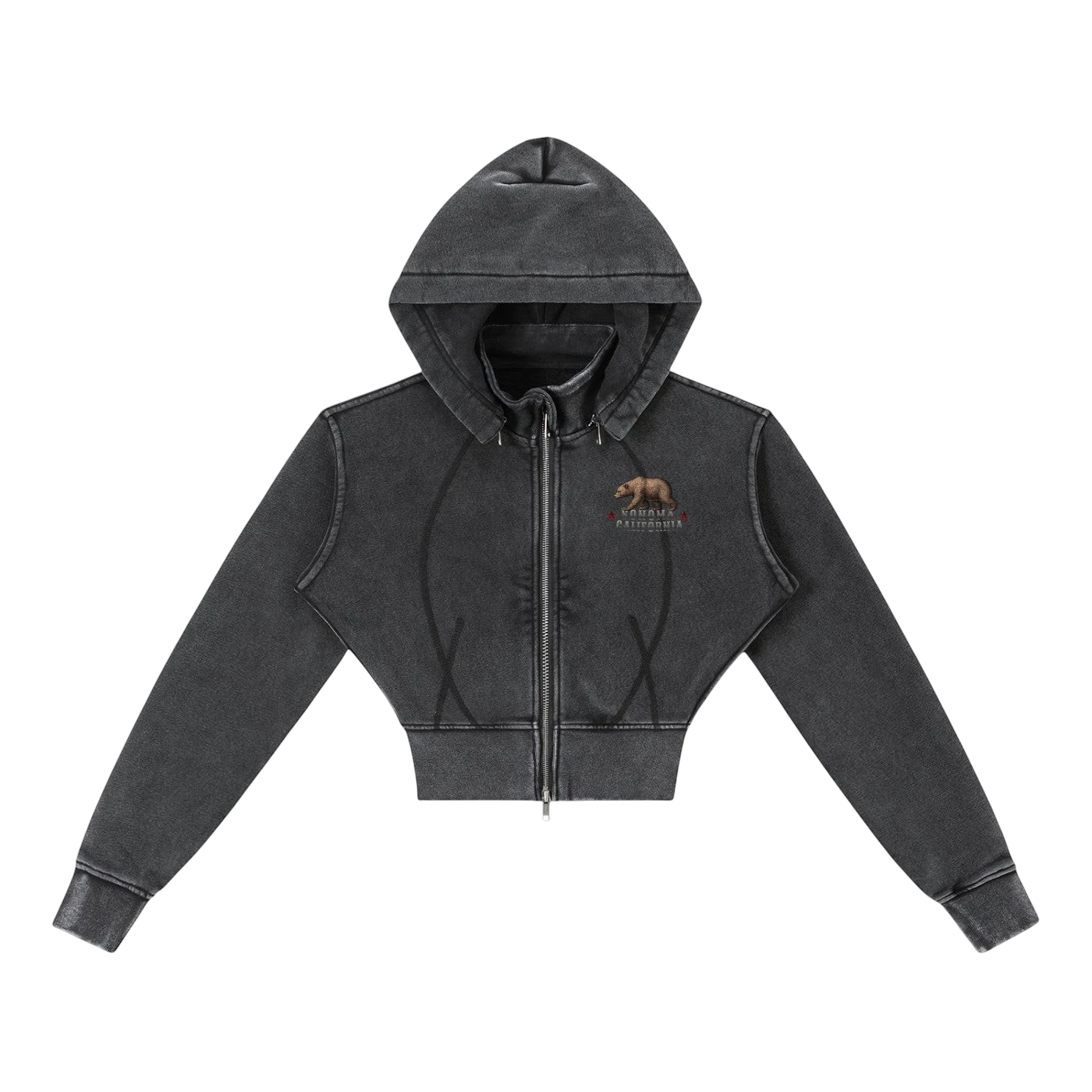 Sonoma Rebel charcoal grey vintage washed cropped fleece hoodie with zipper, hood, and bear graphic. Cotton-blend.