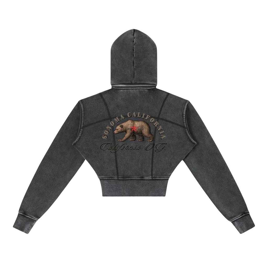 Sonoma Rebel dark grey vintage washed cropped fleece hoodie with bear graphic and "California OG" text.