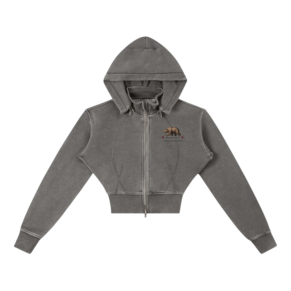 Sonoma Rebel grey vintage washed cropped fleece hoodie with zipper, hood, and bear graphic. Cotton-blend material.