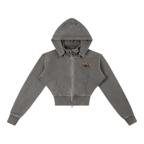 Sonoma Rebel grey vintage washed cropped fleece hoodie with zipper, hood, and bear graphic. Cotton-blend material.