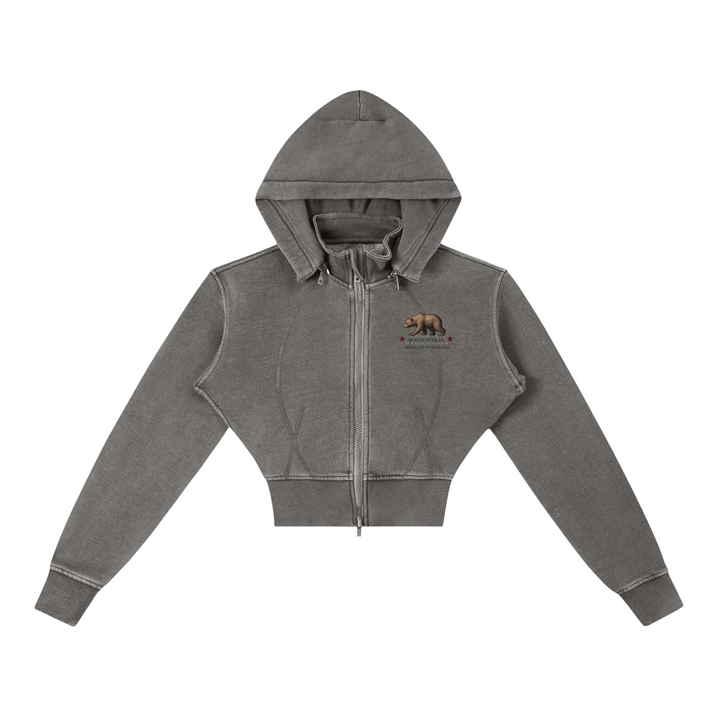 Sonoma Rebel grey vintage washed cropped fleece hoodie with zipper, hood, and bear graphic. Cotton-blend material.
