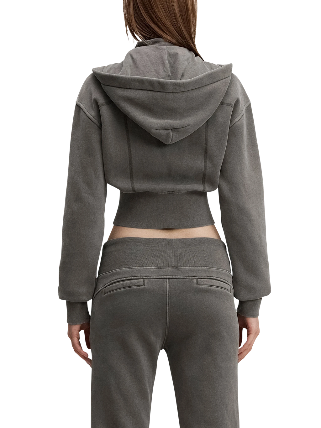 Sonoma Rebel grey vintage washed cropped fleece hoodie with hood and patchwork accents.