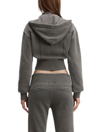 Sonoma Rebel grey vintage washed cropped fleece hoodie with hood and patchwork accents.