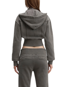 Sonoma Rebel grey vintage washed cropped fleece hoodie with hood and patchwork accents.