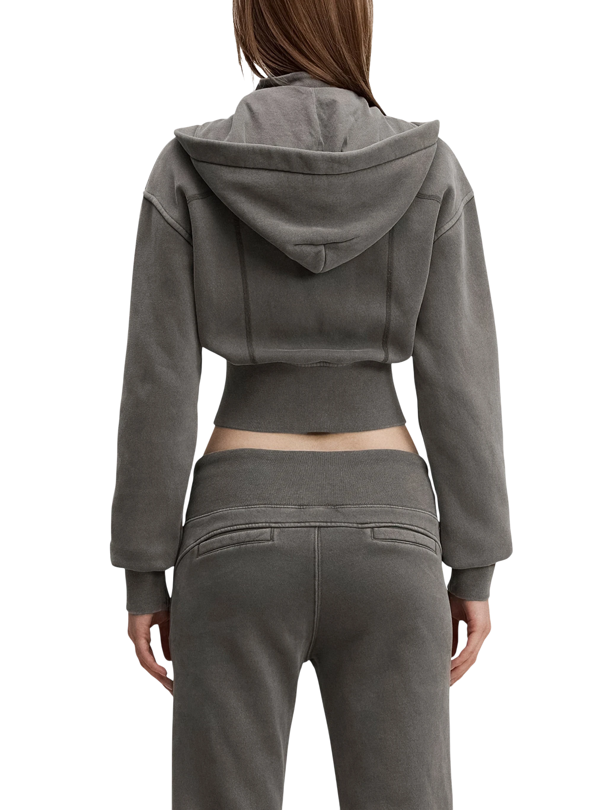 Sonoma Rebel grey vintage washed cropped fleece hoodie with hood and patchwork accents.