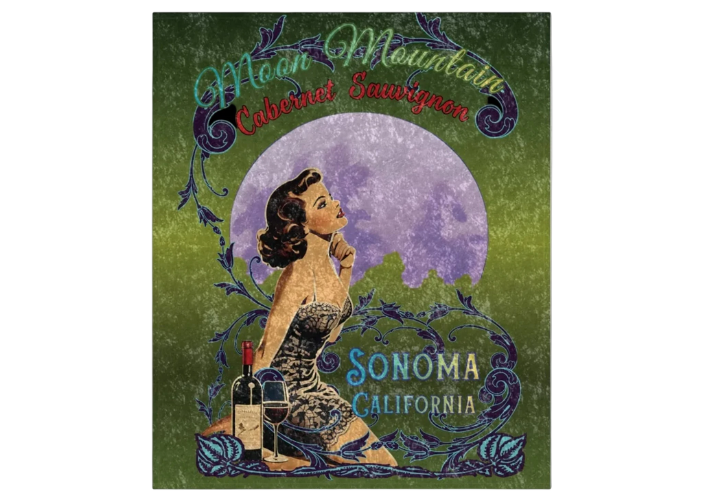 Sonoma Rebel Moon Mountain Cabernet Sauvignon crushed velvet blanket with pinup, moon, vineyard, wine bottle, and glass. 50"x60".
