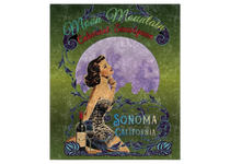 Sonoma Rebel Moon Mountain Cabernet Sauvignon crushed velvet blanket with pinup, moon, vineyard, wine bottle, and glass. 50"x60".