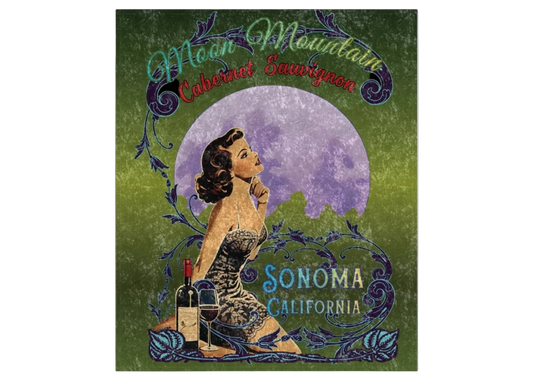 Sonoma Rebel Moon Mountain Cabernet Sauvignon crushed velvet blanket with pinup, moon, vineyard, wine bottle, and glass. 50"x60".