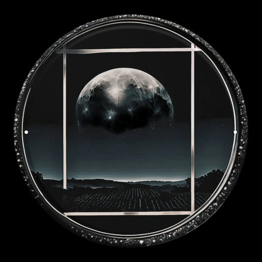 Sonoma Rebel Cyber Moon round metal print featuring a detailed moon over a vineyard landscape, wrought iron.